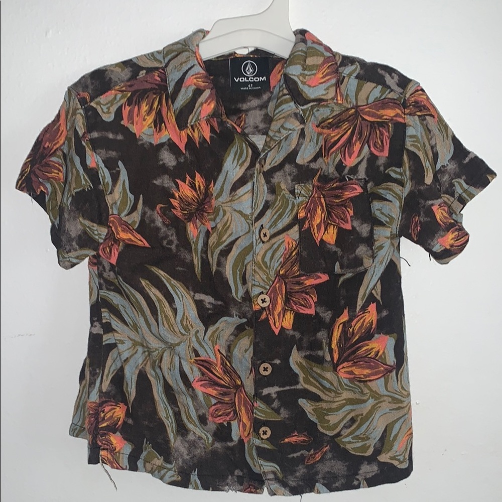Volcom Black and Orange Casual Button Down Shirt with Tropical Print